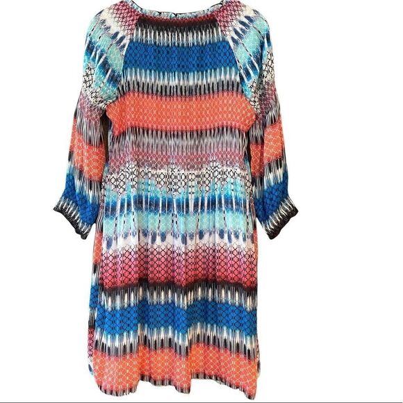 Sharagano M Blue Orange Smocked Stretch Wide Stripe Long Sleeve Dress - Picture 2 of 11